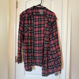 Kani jeans Red and Black Plaid Button-Up flannel hood